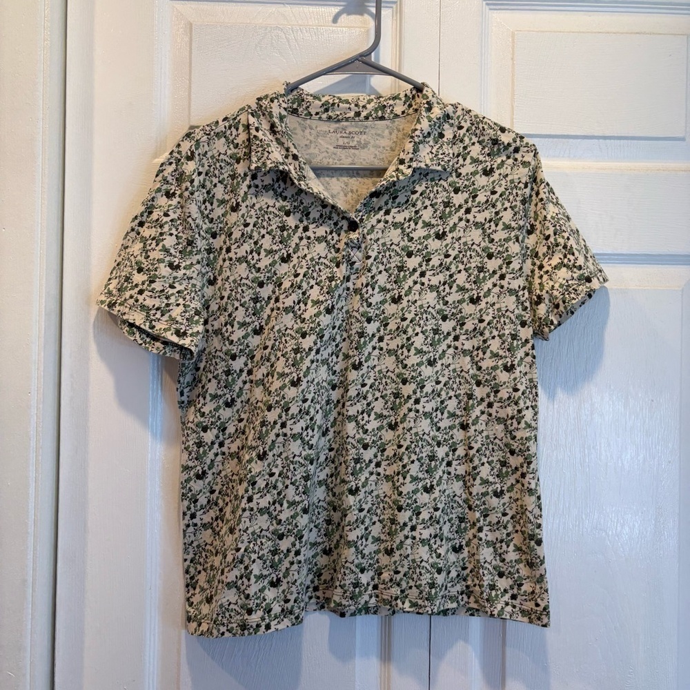 Laura Scott Classic Fit Green Floral Short Sleeve Polo - Size Large